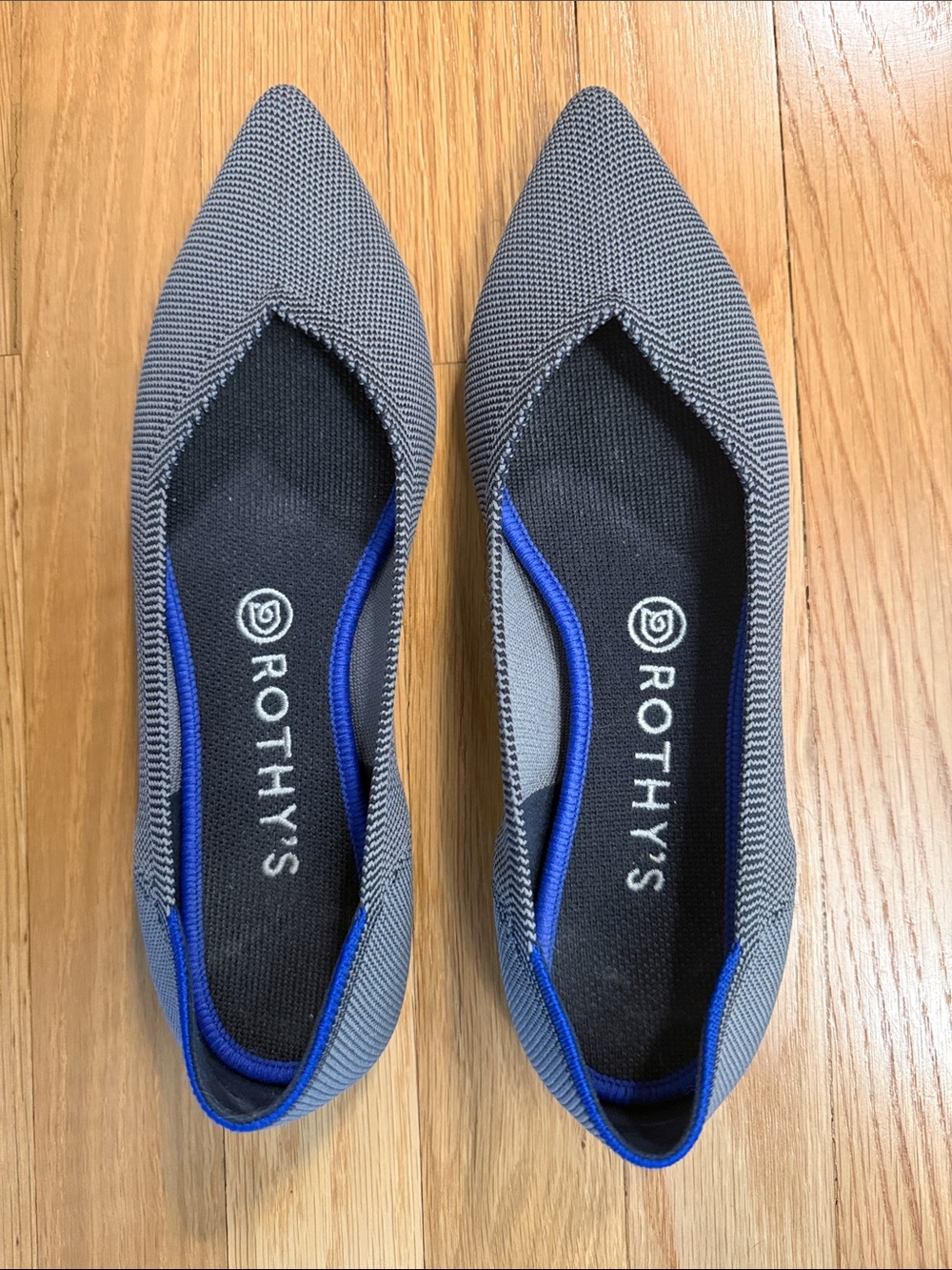 Rothy's Pointed Knit Flats in Gray with Blue Trim